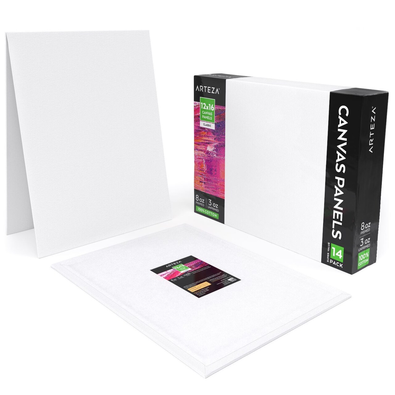 Arteza Canvas Panels, Classic, White, 12"x16", Blank Canvas Boards for Painting - 14 Pack